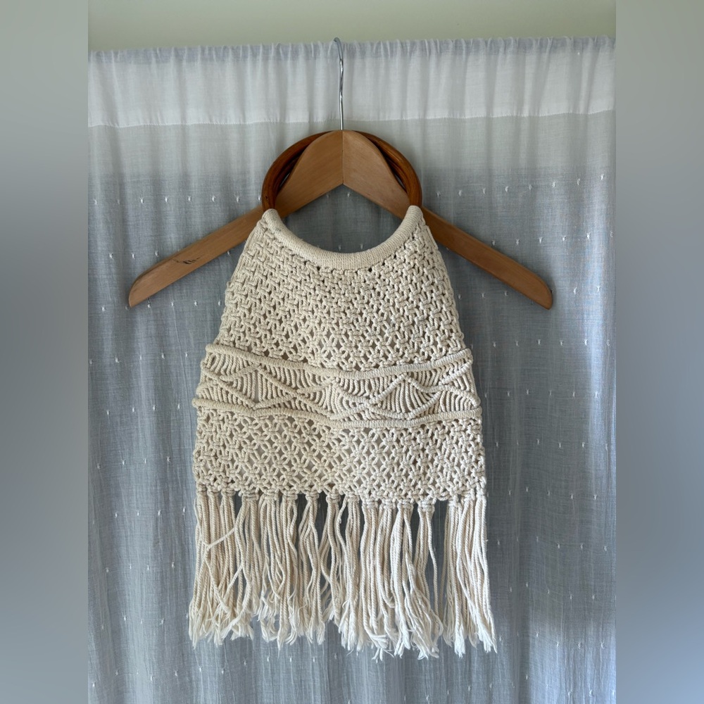 Cream Macrame Fringe Handbag with Wooden Round Handles